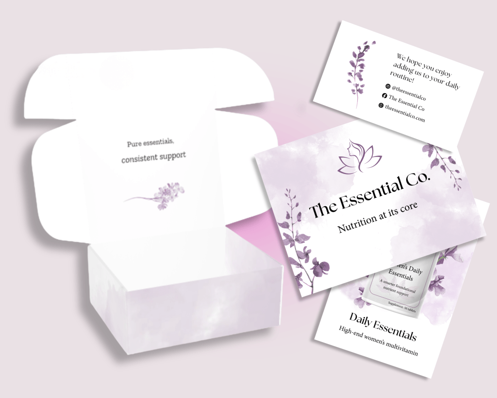 The PR box design, as well as the product card, introduction card, socials card, and personalized postcard.